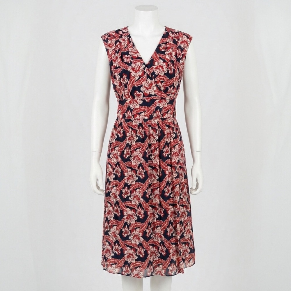 Brooks Brothers Navy Red Floral Faux Wrap Midi Dress Size 4 Viscose Surplice NWT